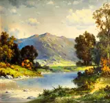A mountainous landscape with a river by American School, oil on canvas, sold Aug 2014