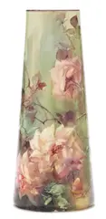 Franz Bischoff, Tapered cylindrical vase with pink flushed yellow roses, 1906, porcelain
