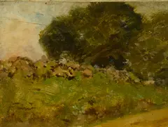 Large rocks at home, Pleasantville, New York by Frank Tenney Johnson, oil on canvas affixed to board, sold Aug 2014