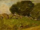 Large rocks at home, Pleasantville, New York by Frank Tenney Johnson, oil on canvas affixed to board, sold Aug 2014