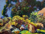 Ferdinand Kaufmann, Valley of trees and rocks, oil on board