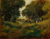 William Keith, Cows grazing along a wooded path, oil on board