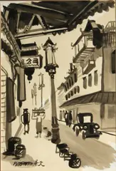 Chinatown by Dong Kingman, ink and wash heightened with white on paper, sold Aug 2014