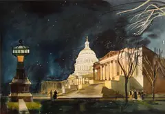 Millard Sheets, The Capitol Building at night, Washington, D.C., watercolor on board