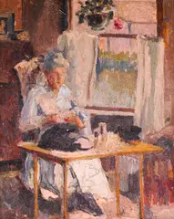 Edward Simmons, Woman sewing at a window, oil on canvas