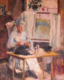 Edward Simmons, Woman sewing at a window, oil on canvas