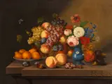 Paul de Longpré, A still life of fruits and flowers resting on a table, oil on canvas affixed to masonite