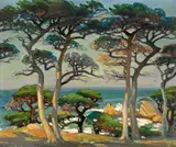 Mary DeNeale Morgan, Monterey cypress on the shore, oil on masonite