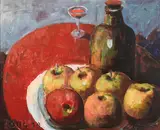 Apples, wine and red table cloth by Selden Connor Gile, 1939, oil on masonite, sold Aug 2014