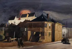 Millard Sheets, Beneath the neon glow, watercolor on paper