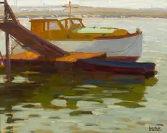 Boats along a back bay dock by Sam Hyde Harris, oil on board, sold Aug 2014
