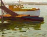 Sam Hyde Harris, Boats along a back bay dock, oil on board