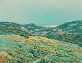 Poppies along the coast by Granville Redmond, oil on canvas affixed to board, sold Aug 2014