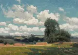 Alexis Jean Fournier, Haystacks and trees under scattered clouds, oil on canvas