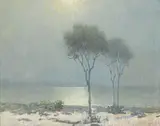 Moonlit shore with eucalyptus by Granville Redmond, oil on board, sold Aug 2014