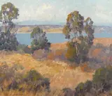 Trees and autumn grasses with a lake beyond by Maurice Braun, oil on board, sold Aug 2014