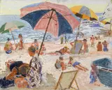 William Alexander Griffith, Bathers at Diver's Cove, Laguna Beach, pastel on canvas affixed to board