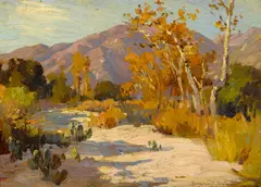 Mountains and sycamores by Benjamin Brown, oil on board, offered Aug 2014