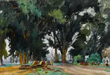 Tractors amongst trees by Emil Kosa Jr., watercolor on paper, sold Aug 2014