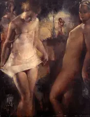 Girl with a pink dress and a nude by Grigory Gluckmann, oil on panel, sold Aug 2014