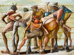 Street huddle by Ernie Barnes, oil on canvas, sold Aug 2014