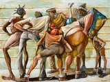 Ernie Barnes, Street huddle, oil on canvas