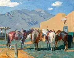 At the hitching post by Oscar E. Berninghaus, oil on canvas, sold Aug 2014