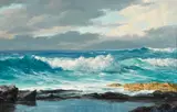 Lloyd Sexton, Jr., Waves breaking on the shore, 1989, oil on canvas board