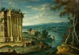 Anglo-Flemish School, An extensive landscape with classical ruins and travellers in the foreground, oil on panel