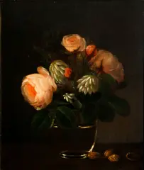Danish School, Roses and other flowers in a glass vase, oil on paper laid down on canvas