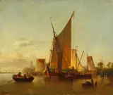 Fishing boats in a harbour by Dutch School, oil on canvas, sold Jul 2014