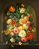 Oskar Robert Donau, A still life with tulips, roses and other flowers in a ceramic vase within a niche; and a companion floral still life (a pair)