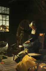 Rudolf Eichstaedt, A young woman spinning yarn in a cottage, oil on canvas
