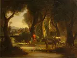 A wooded landscape with cattle watering and figures resting by the river bank by English School, oil on canvas, sold Jul 2014