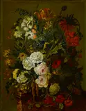 Jan van Huysum, A still life with roses, tulips and other flowers on a ledge, oil on canvas