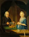 Nicolaas Pieneman, A portrait of a man and woman, seated in an alcove, the man pointing to a scientific  instrument and the woman knitting, oil on canvas