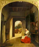 Johannes Anthonie Balthasar Stroebel, An interior with a woman seated by an open door, oil on panel