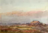 Albert Thomas Derome, Near Coalinga, California looking northwest toward oil derricks; Pioneer home on plains between Wasco and McFarland; Oil derricks near Coalinga, 1920; Rain, brush fire, sun, river bottom east of Colusa (group of four)
