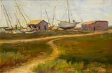 Frances Slater Gelwicks, The boat yard, thought to be the Oakland Estuary, oil on canvas