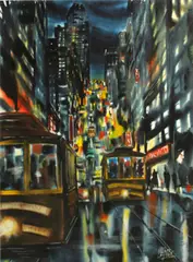 Jack Laycox, Cable cars on California Street at night, watercolor on paper