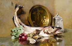 George Loftus Noyes, Still life with fish and radishes, oil on canvas