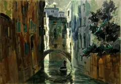 unknown Artist, Venice in late afternoon, oil and wash on canvas