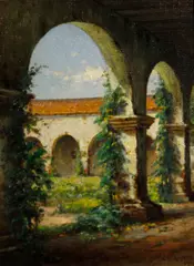 Charles Albert Rogers, Mission portico, 1916, oil on canvas affixed to board