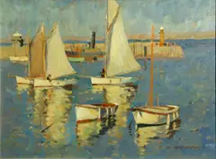 Arthur Hayward, Boats in a harbor, oil on canvas