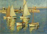 Arthur Hayward, Boats in a harbor, oil on canvas