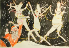 Frank Lobdell, Untitled (Christmas drawing), circa 1965, ink wash, crayon and pen on paper