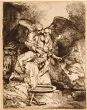 Abraham's Sacrifice (B., Holl. 35; H. 283) by Rembrandt Harmensz van Rijn, 1655, Etching and drypoint on laid paper, probably a late 19th century impression, Usticke's only state, sold Jul 2014