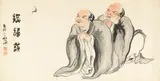 Zhu Chan, Figures and Bat, Horizontal hanging scroll, ink and color on paper; with a title in seal script, followed by the artist's signature and two artist's seals