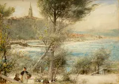 Rws Albert Goodwin, A view of the Aare river, Bern, Switzerland, pen and ink and watercolor with scratching out and heightened with white