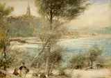 Rws Albert Goodwin, A view of the Aare river, Bern, Switzerland, pen and ink and watercolor with scratching out and heightened with white